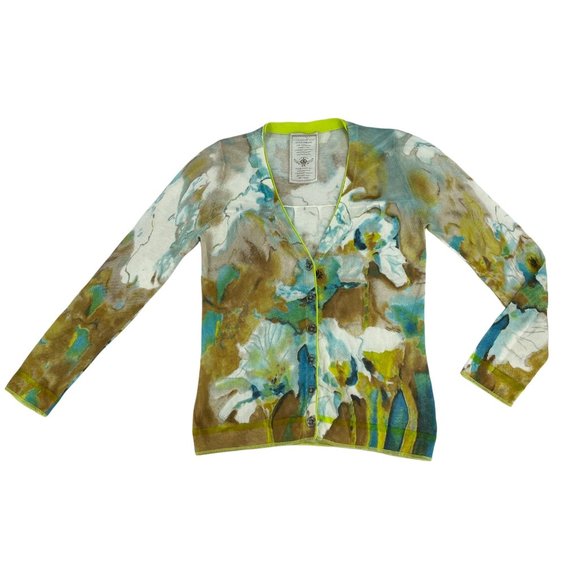 Luisa Cerano Sweaters - Luisa Cerano Watercolor Tye-Dye Bright Green V-neck Soft Cardigan Women's Size 6
